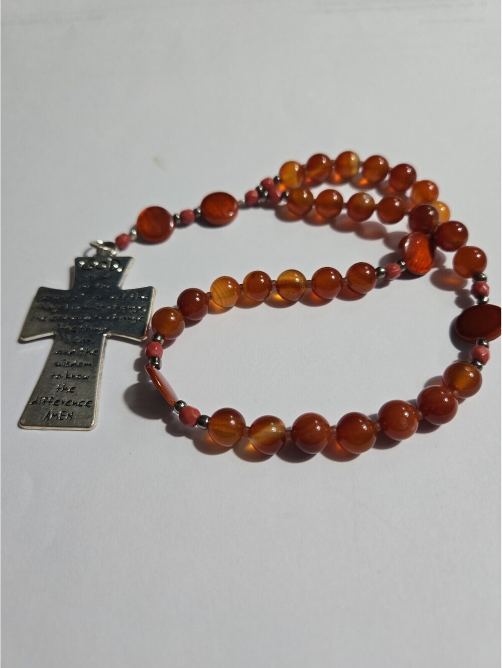 Handmade Anglican Prayer Beads of Carnelian and Shell Disks with Serenity Prayer